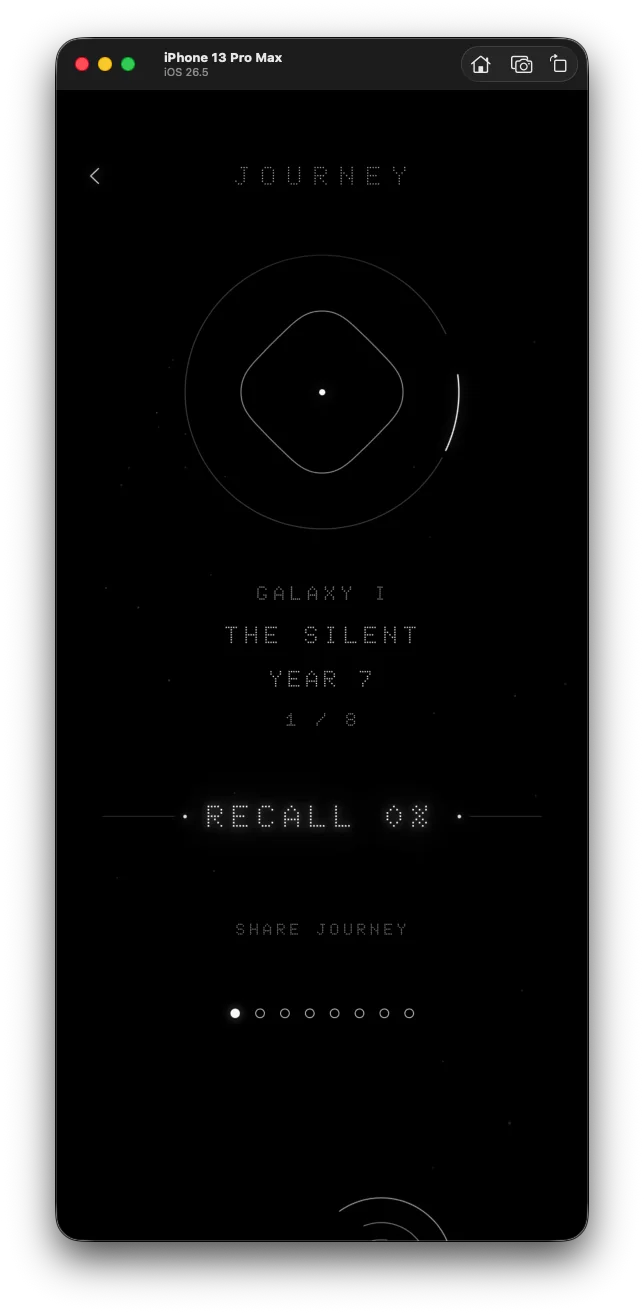 Evervoid Journey after beginning Galaxy I, showing Recall progress