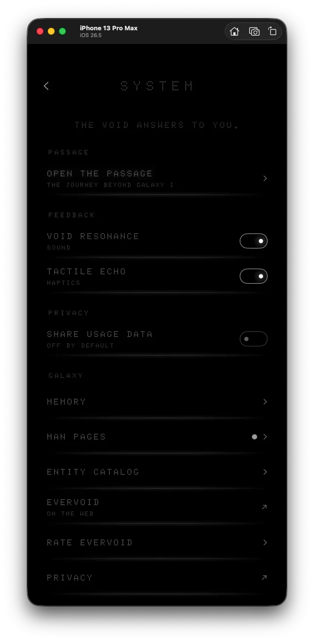 Evervoid System screen with sound, haptics and Share Usage Data controls