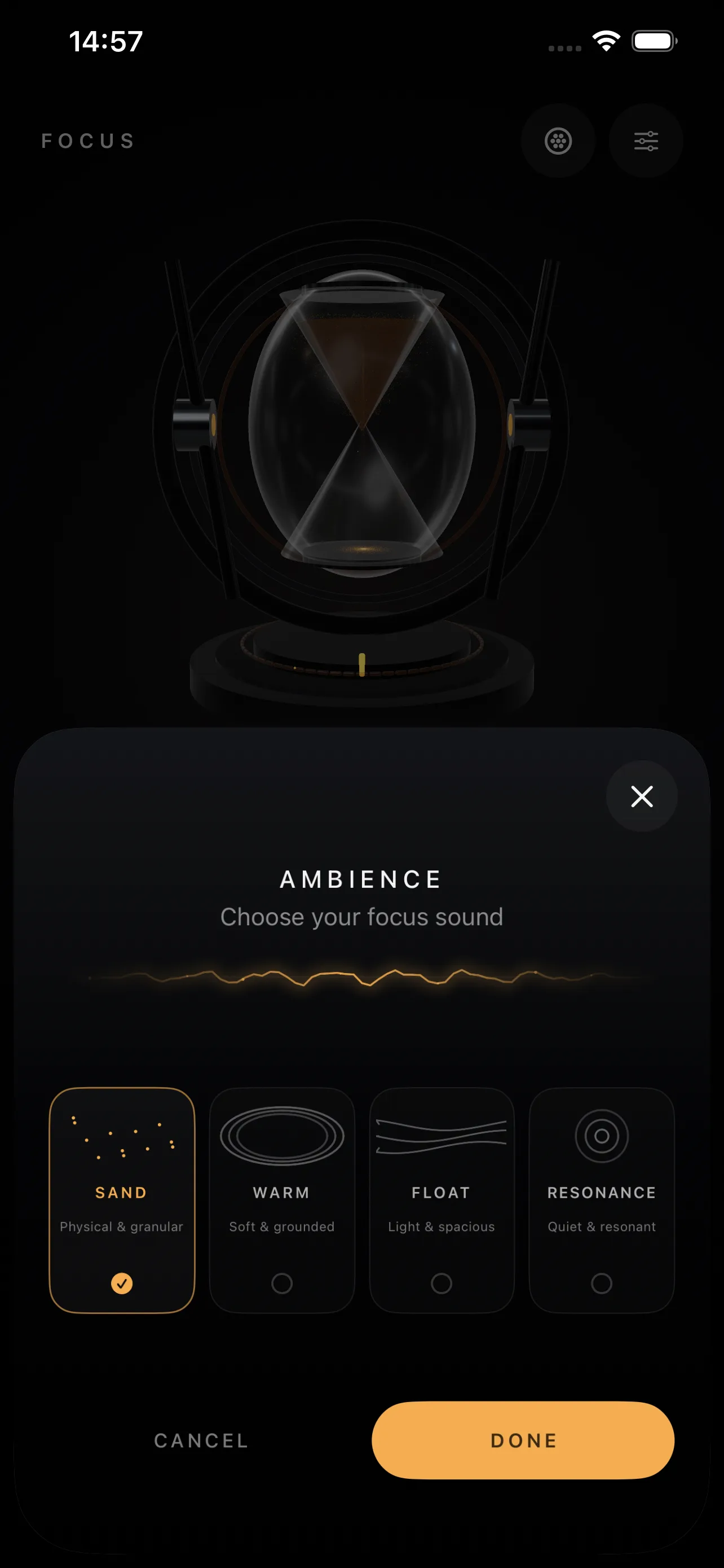 Ambient soundscape picker with Sand, Warm, Float and Resonance options
