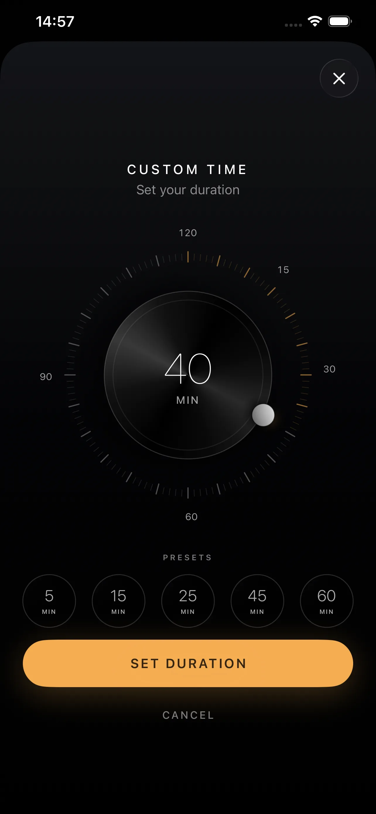 Custom focus duration control set to 40 minutes