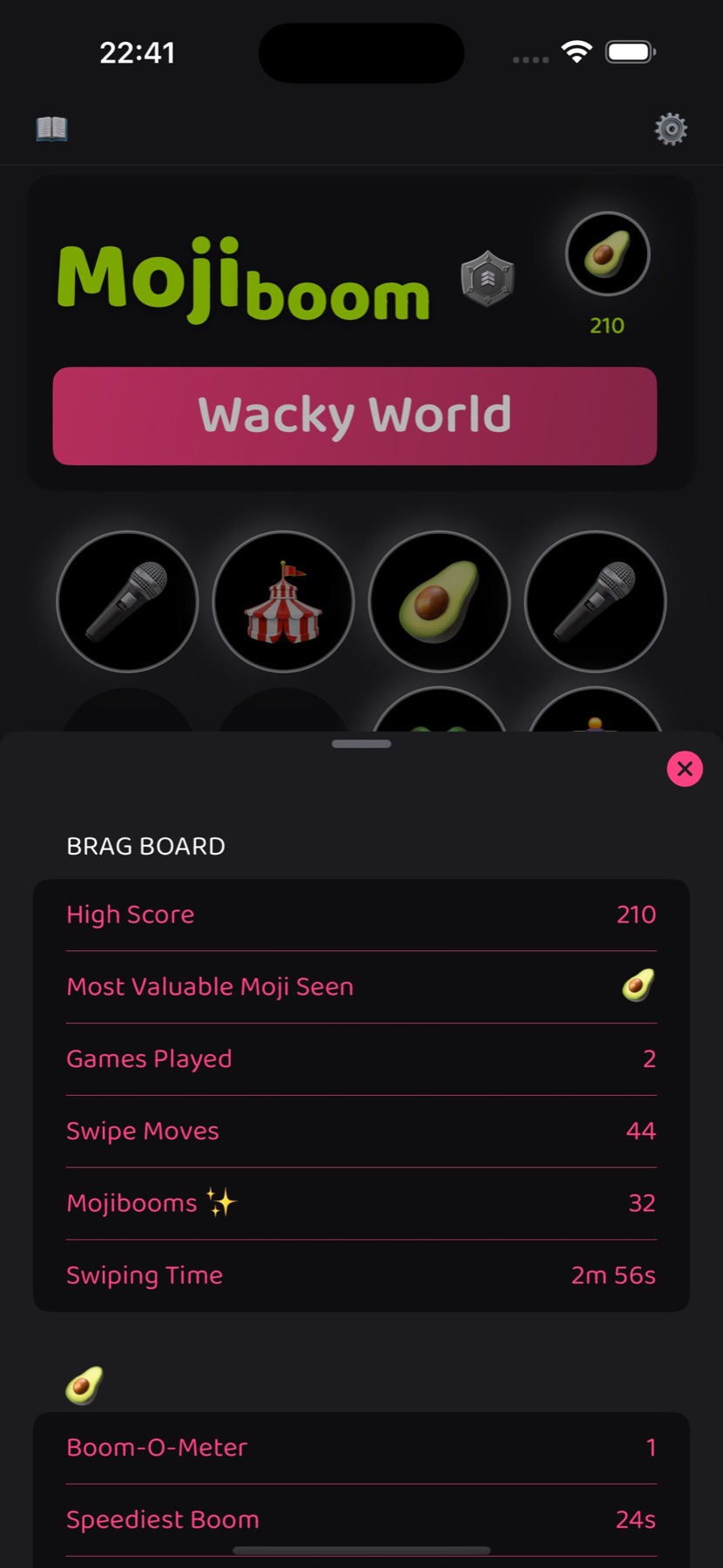 Mojiboom game statistics for Wacky World