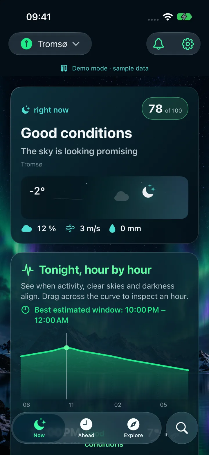 Nordlys current northern-lights conditions and visual sky scene using sample data