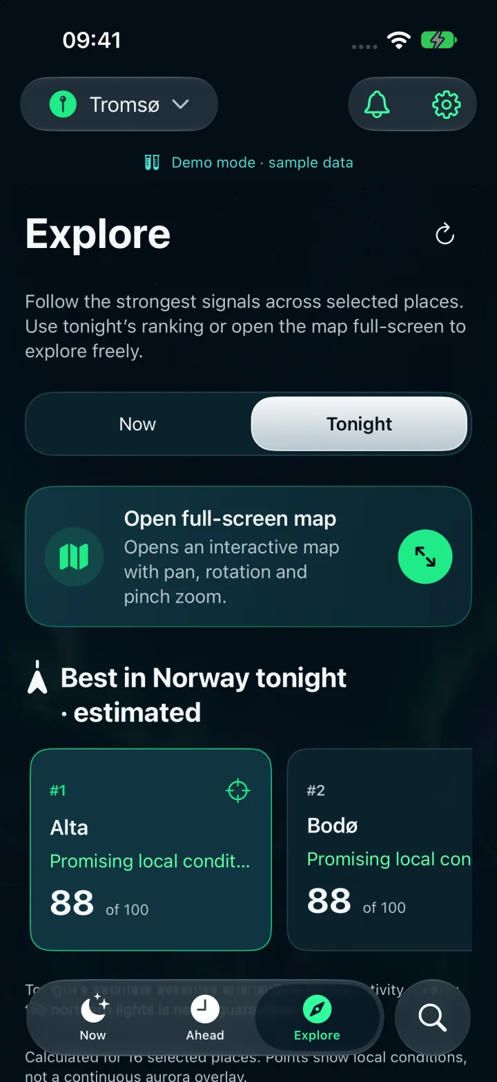 Nordlys comparing northern-lights viewing conditions across Norwegian destinations using sample data