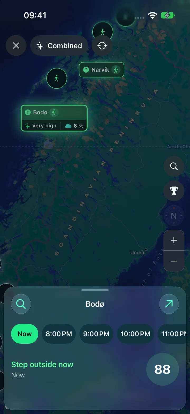 Nordlys full-screen map for exploring selected destinations using sample data