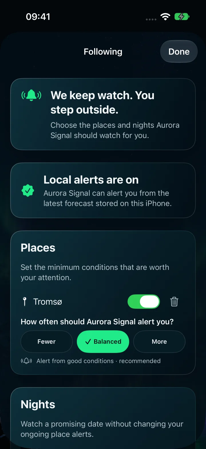 Nordlys local alert preferences for followed places and nights