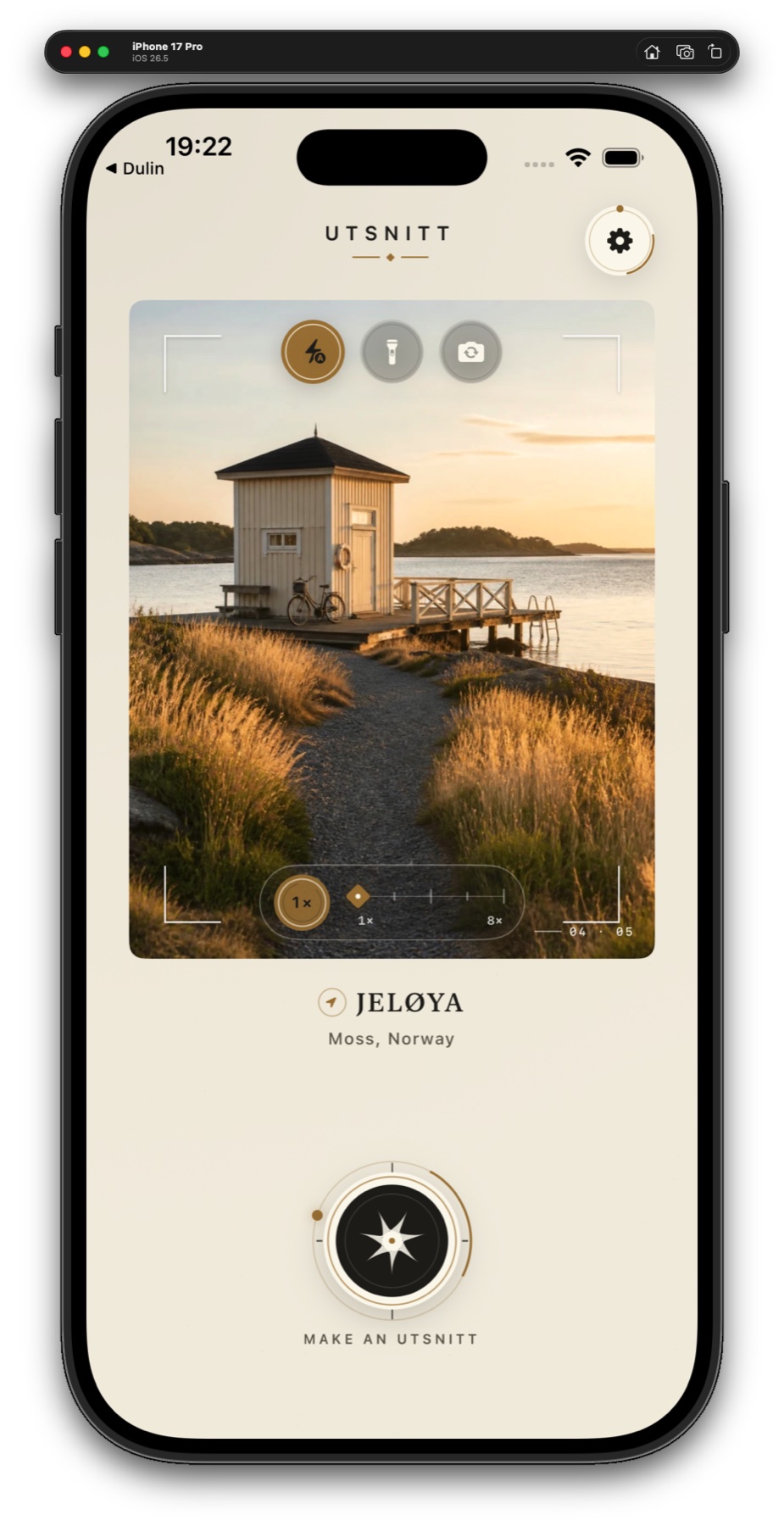 UTSNITT camera screen showing a coastal photo and exact location on iPhone